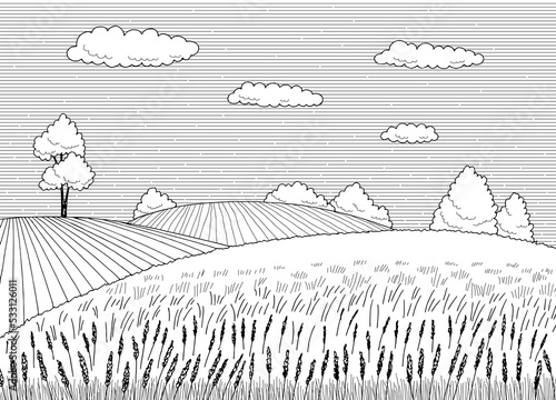 Field graphic black white landscape sketch illustration vector 