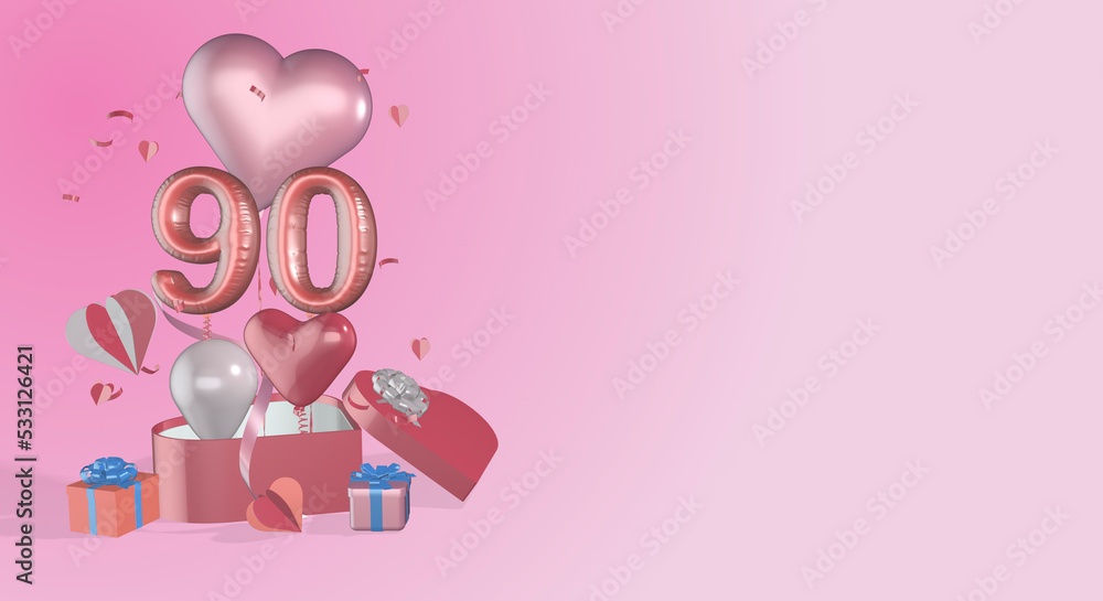 3D render rendered gift boxes heart balloons ribbon bows balloon numbers numerals suitable for 90th birthday or anniversary 3D render rendered gift boxes heart balloons ribbon bows balloon numbers numerals suitable for 90th birthday or anniversary