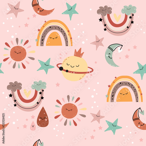Cute rainbow, sun, moon and planet in boho style seamless pattern. Vector cartoon illustration. Nursery, greeting card, baby shower, pajama print