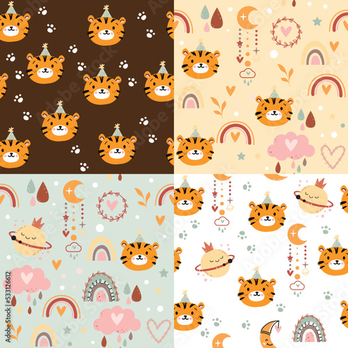 Cute tiger head and planet in boho style seamless pattern set. Vector cartoon illustration. Design for nursery art, t-shirts, posters
