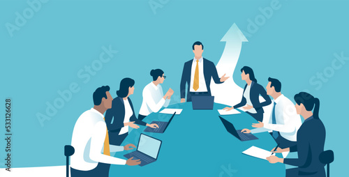 Success strategy. Rising arrow behind the leader. Meeting concept. Business vector illustration.
