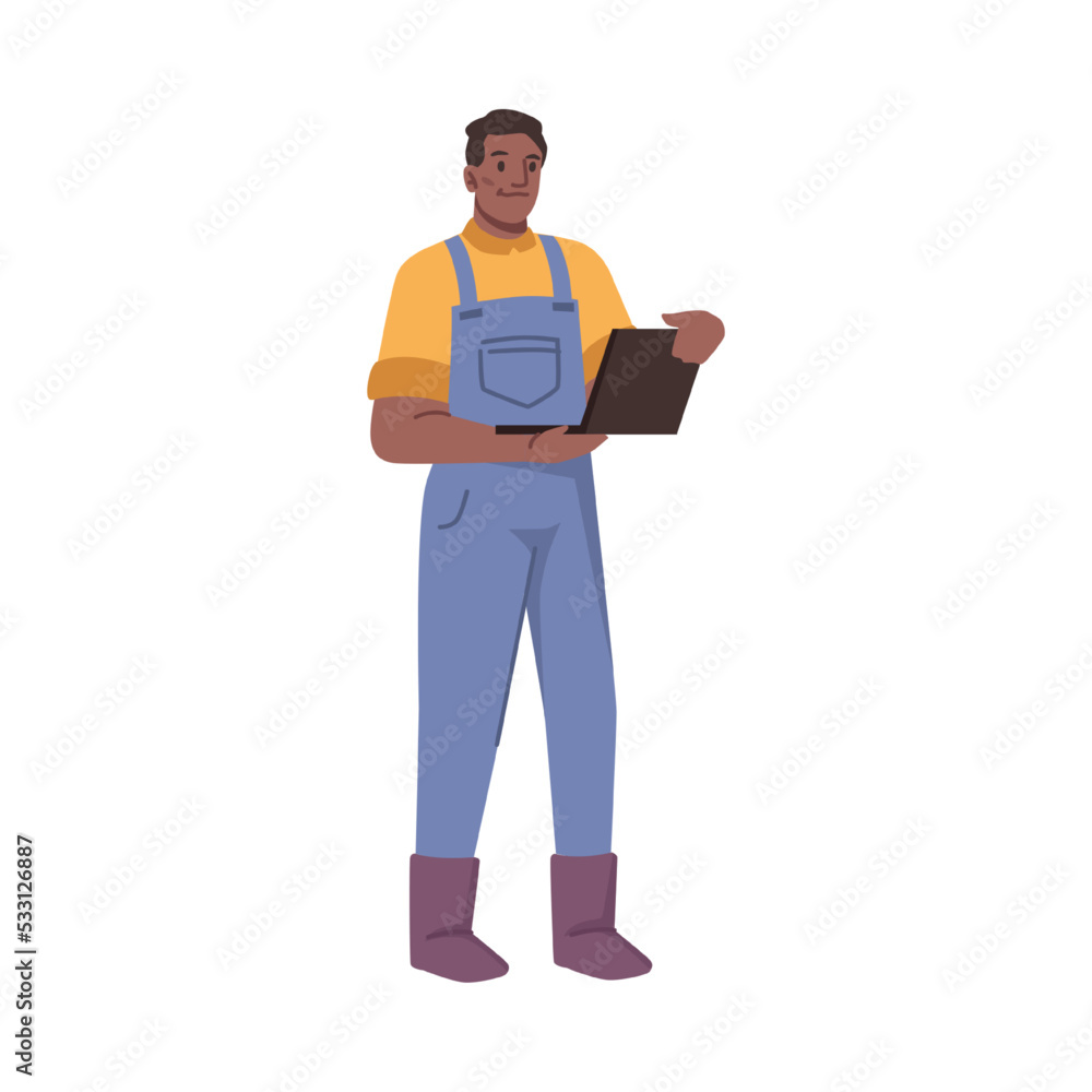 Agricultural business, isolated male personage in work uniform with laptop monitoring or managing sales. Agronomist specialist. Vector in flat style, flat cartoon character