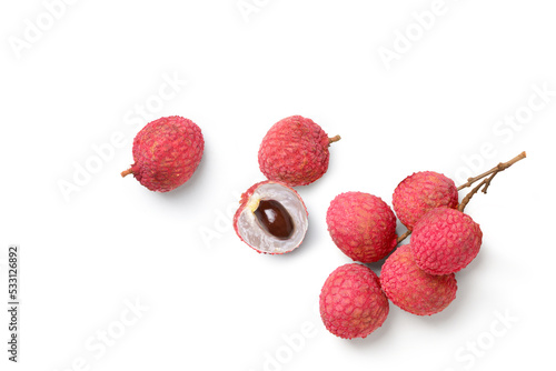 Flat lay of Bunch of Lychee isolate on white background. Clipping path.