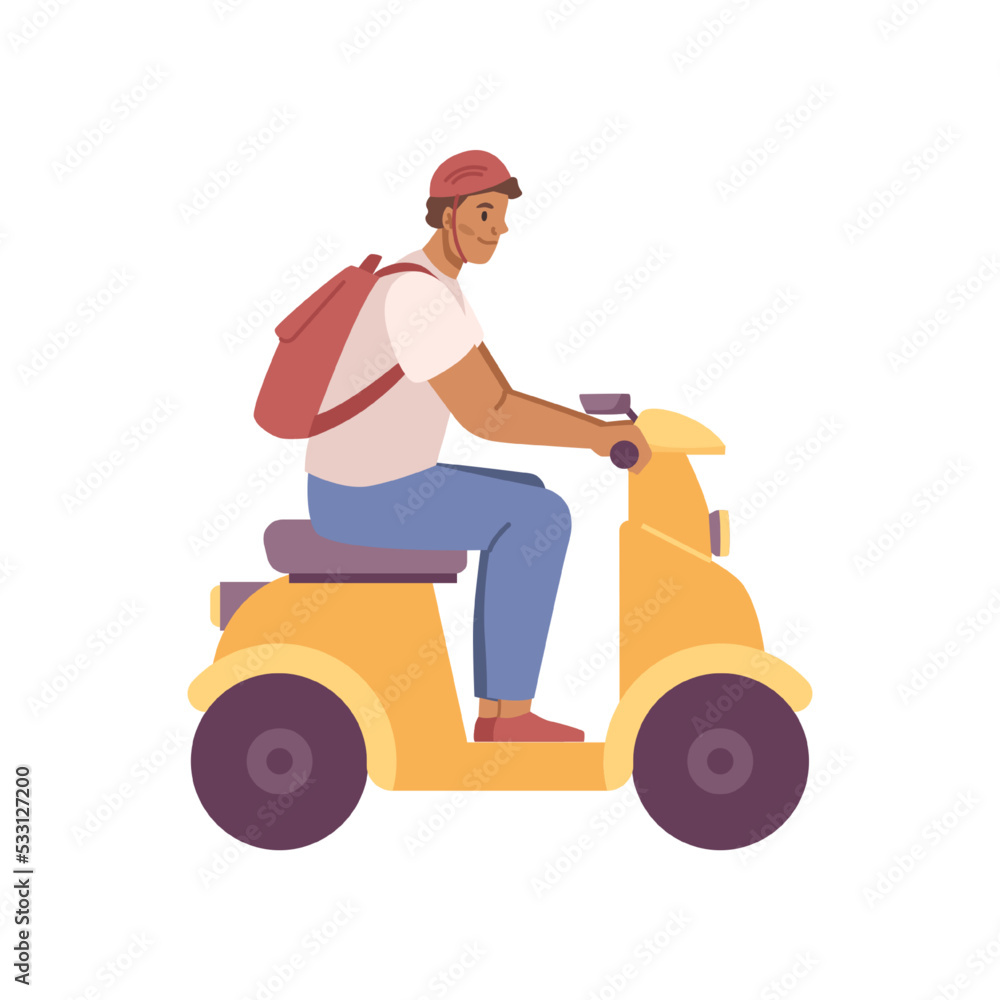 Sustainable and ecologically friendly transport, isolated male character in helmet riding on scooter. Electro bike for commuting and traveling. Vector in flat style Sustainable and ecologically friendly transport, isolated male character in helmet riding on scooter. Electro bike for commuting and traveling. Vector in flat style