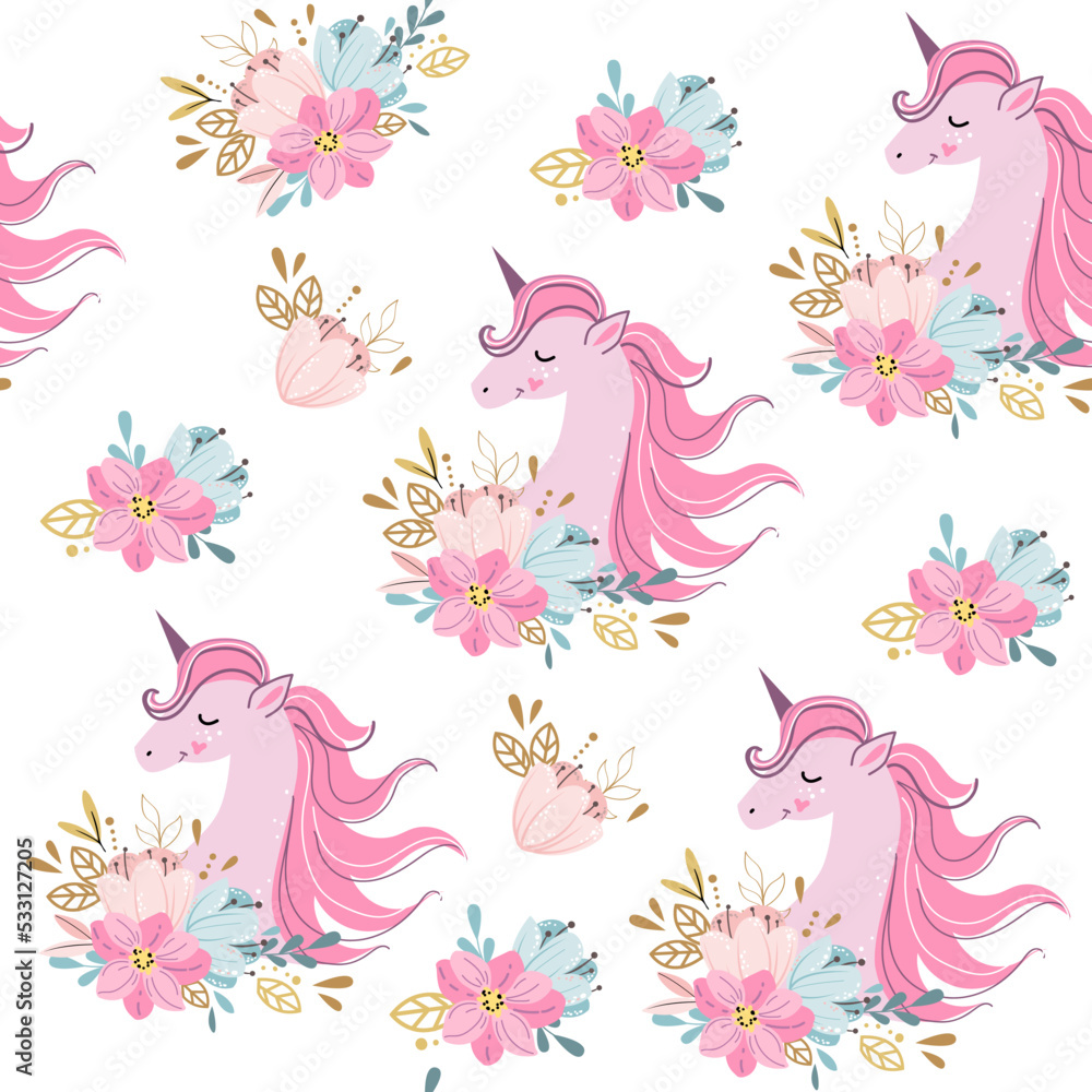 Cute unicorn head with flowers in boho style seamless pattern. Vector illustration. Scandinavian design nursery art Cute unicorn head with flowers in boho style seamless pattern. Vector illustration. Scandinavian design nursery art