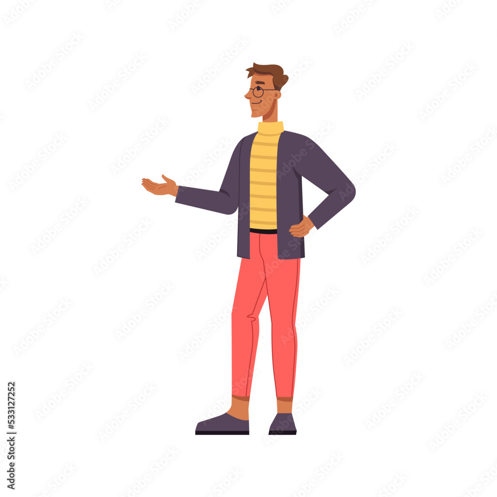 Presentation or business meeting, isolated man pointing with hand and looking in distance. Guide in museum or exhibition. Flat cartoon character, vector in flat style Presentation or business meeting, isolated man pointing with hand and looking in distance. Guide in museum or exhibition. Flat cartoon character, vector in flat style