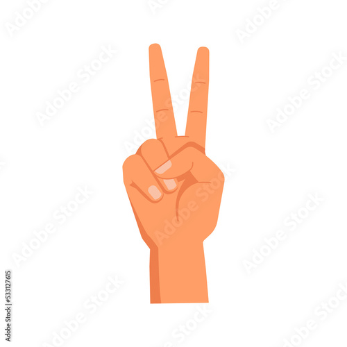 Raised fingers showing number two, isolated hand gesture. Counting or calculating visual enumeration. Hand gesture nonverbal communication. Vector in flat style