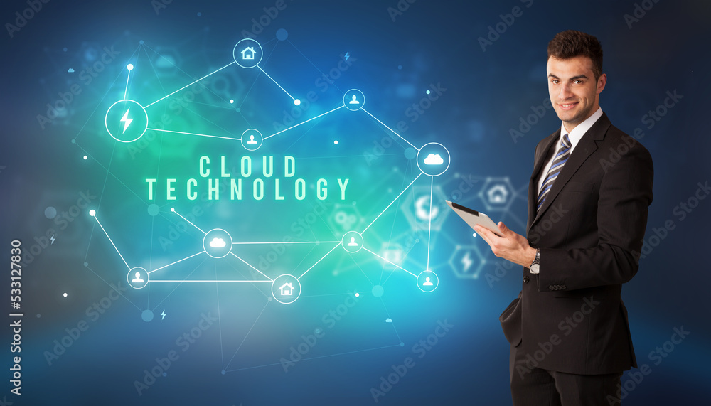 Businessman thinking about technology concept Businessman thinking about technology concept