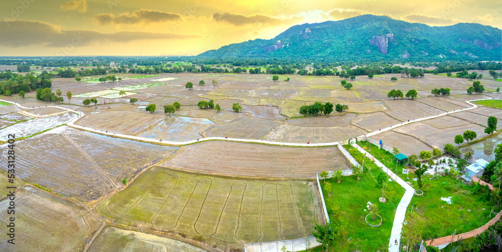Ta Pa field after the rice harvest in the summer afternoon. This place is the largest granary providing food in An Giang, Vietnam