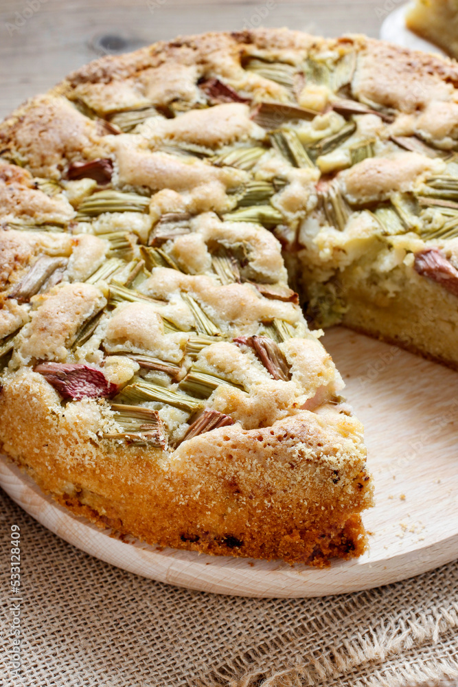 A big rhubarb cake on the table. A big rhubarb cake on the table.