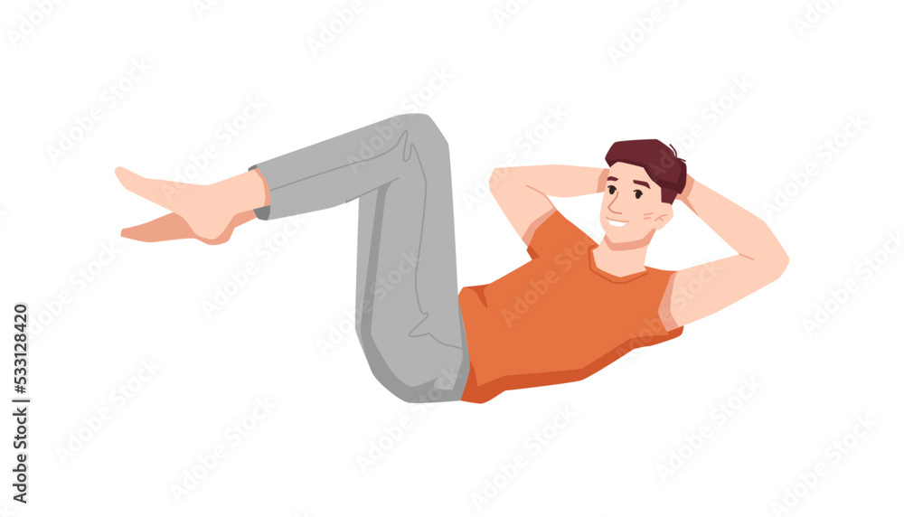 Teenager doing press exercises to grow muscles and strengthen body. Isolated male character working out at home, beginner program. Vector in flat cartoon style Teenager doing press exercises to grow muscles and strengthen body. Isolated male character working out at home, beginner program. Vector in flat cartoon style