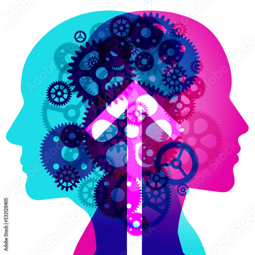 A Male and Female side silhouette profile overlaid with various semi-transparent Machine Gears shapes. Centre placed is a white translucent “Up direction” arrow graphic icon.