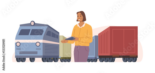 International and local delivery services, isolated manager watching for successful transportation of goods. Controller by train or van. Vector in flat cartoon style