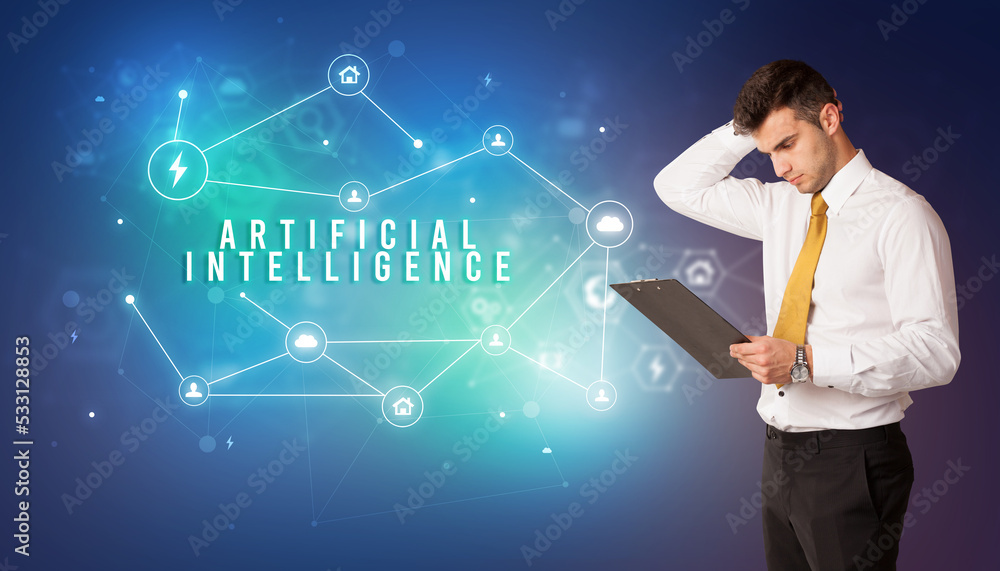 Businessman thinking about technology concept Businessman thinking about technology concept