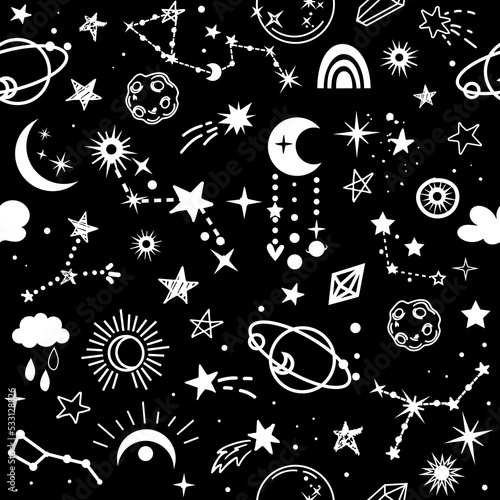 Planets, starry sky, cosmos seamless pattern on black background. Vector illustration