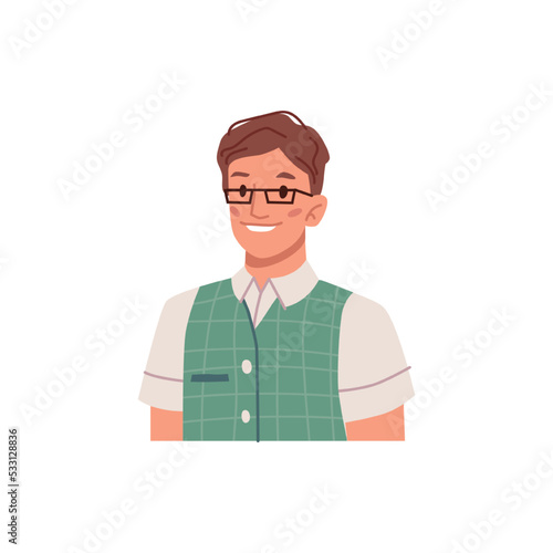 Smiling preteen boy avatar or portrait. Isolated child wearing glasses, school student. Cheerful teenager with content on face. Vector in flat cartoon style