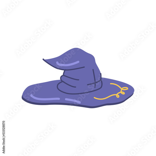 Headwear for the Halloween holiday celebration. Magic hat, witch costume. Witchcraft and sorcery clothes and accessories. Vector in flat cartoon style