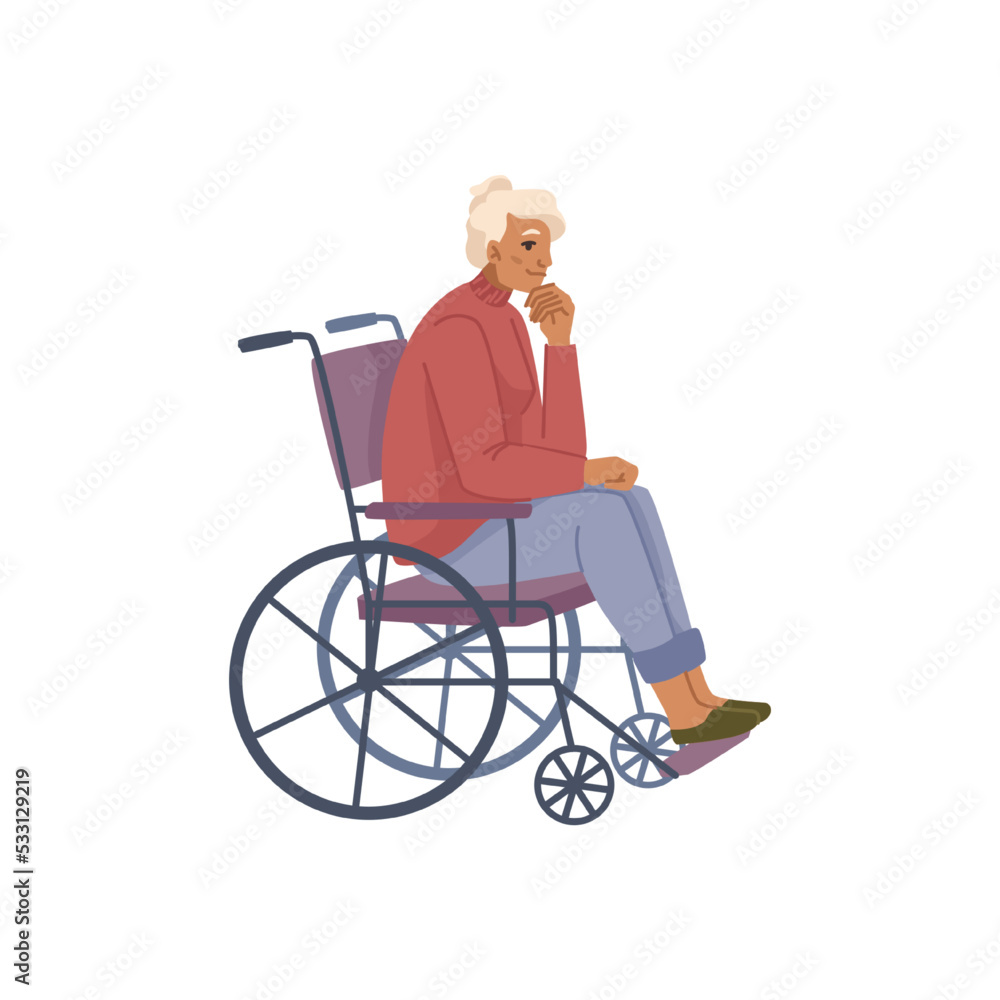 Grandmother sitting in wheelchair, isolated elderly female character with health problems. Old woman, senior personage resting. Vector in flat cartoon style Grandmother sitting in wheelchair, isolated elderly female character with health problems. Old woman, senior personage resting. Vector in flat cartoon style