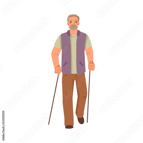 Active senior man with Nordic walking sticks doing exercises and improving health. Isolated grandfather, elderly personage. Vector in flat cartoon style