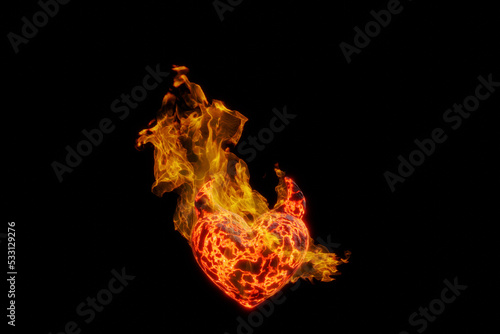炎を上げて燃えるデビルと化したハートのオブジェの3Dイラスト © radiorio