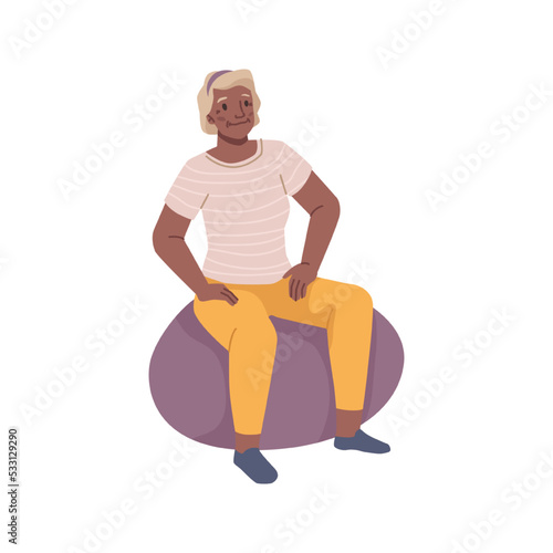 Grandmother sitting on fitness ball and doing physical exercises. Isolated senior woman staying active, keeping fit and energetic. Vector in flat cartoon style