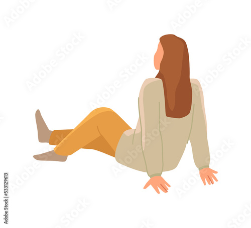 Female character sitting on floor, looking in distance. Woman watching starry sky, discovering stars and planets. Back view, vector in flat cartoon style
