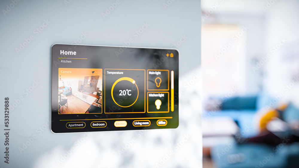 A tablet to control a smart home - an example of an interface with a camera view, controlling the light and room temperature