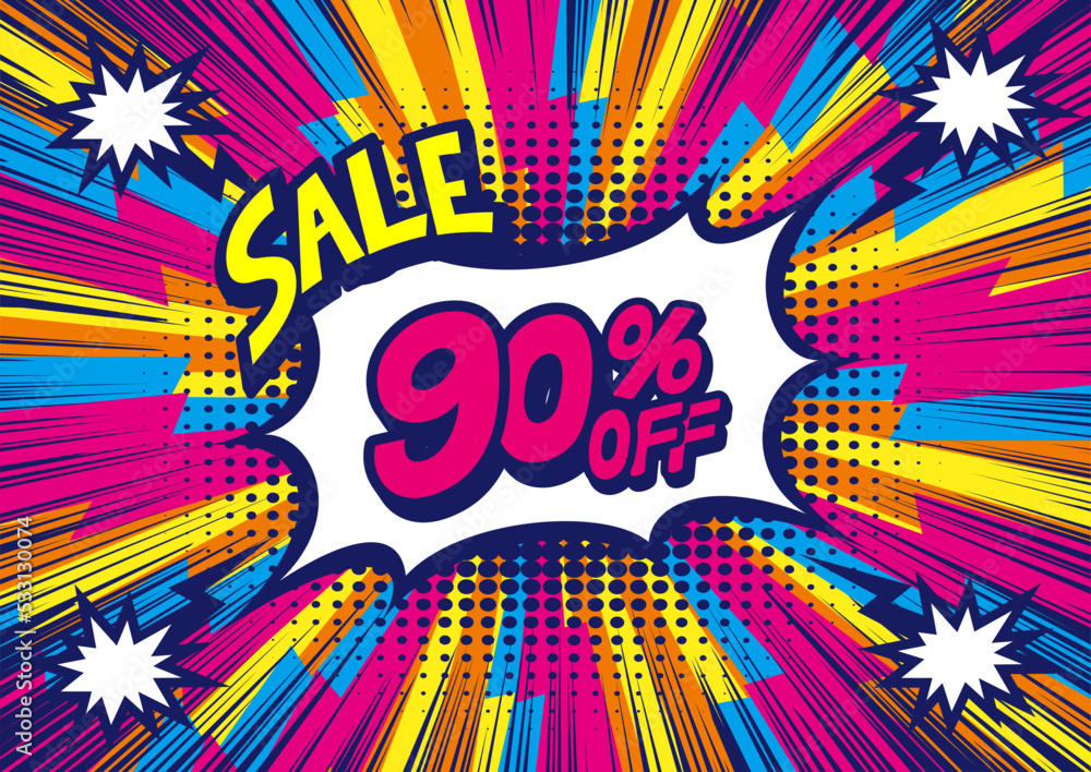 Fototapeta premium 90 Percent OFF Discount on a Comics style bang shape background. Pop art comic discount promotion banners. 