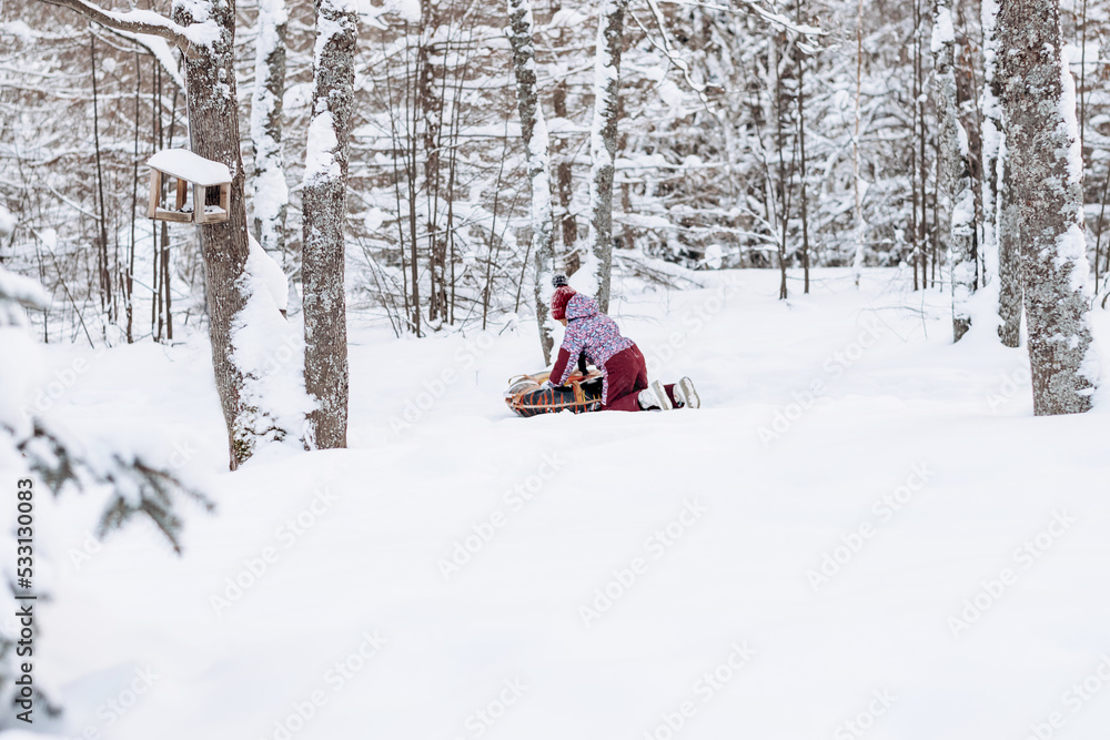 Happy little African-American girl in red hat and jumpsuit rides on tubing in the winter park.Beautiful trees are covered with white snow.Winter fun,active lifestyle concept.Selective focus,copy space Happy little African-American girl in red hat and jumpsuit rides on tubing in the winter park.Beautiful trees are covered with white snow.Winter fun,active lifestyle concept.Selective focus,copy space