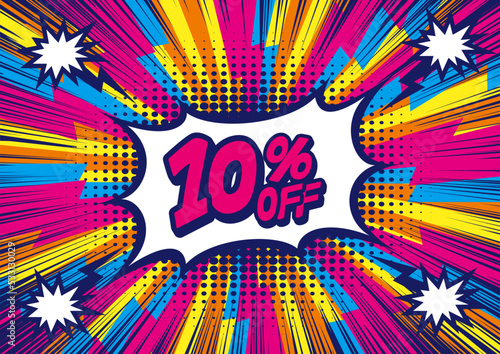 10 Percent OFF Discount on a Comics style bang shape background. Pop art comic discount promotion banners.	