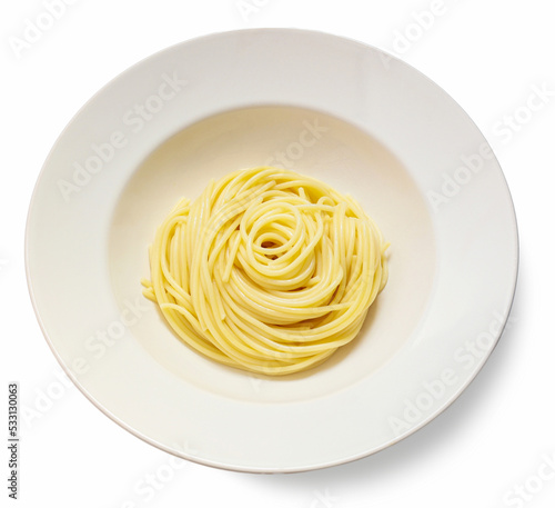 Mockup plain fresh cooked spaghetti pasta in a dish shoot from above isolated clipping path on white background.