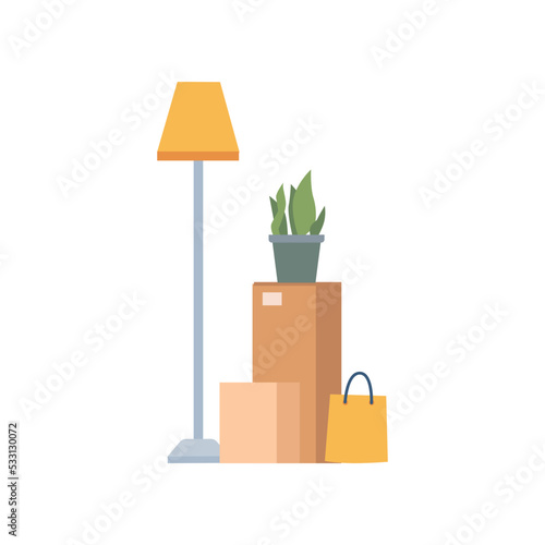 Packed cardboard boxes with personal stuff, plants, home decoration and furniture isolated flat cartoon of pack with things. Vector relocation or moving in home or office, belongings in packages