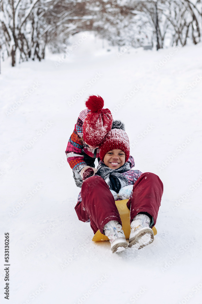 Happy Caucasian and African-American girls ride a saucer in the winter park.Beautiful trees are covered with white snow.Winter fun,active lifestyle concept. Happy Caucasian and African-American girls ride a saucer in the winter park.Beautiful trees are covered with white snow.Winter fun,active lifestyle concept.
