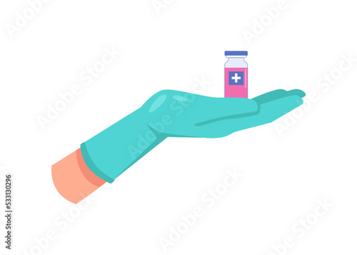Covid vaccine in hands of doctor wearing sterile gloves. Vaccination and injection for boosting immunity and preventing diseases. Vector in flat cartoon style