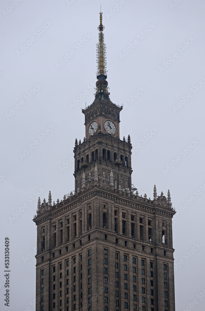 Warsaw, Poland - 26.11.2021: The Palace of Culture and Science is a remarkably tall building in the center of Warsaw, Poland