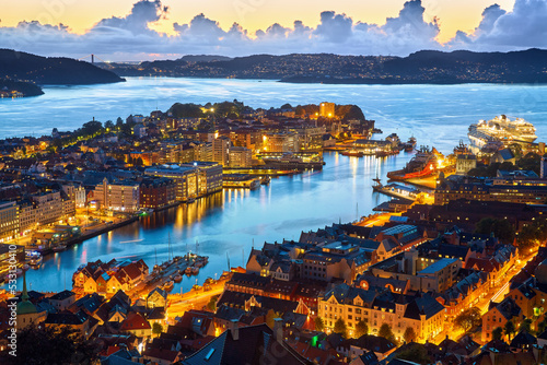 Old city Bergen at dusk, aerial view, Norway