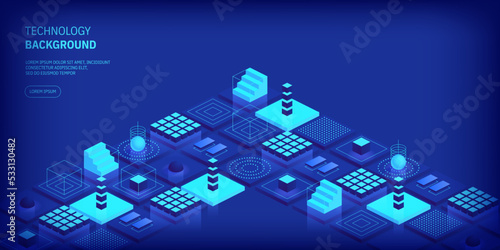Technologies background concept. Abstract futuristic cubes design and different geometric shapes. Digital innovation and artificial intelligence. Blockchain tech. Vector illustration in isometric view