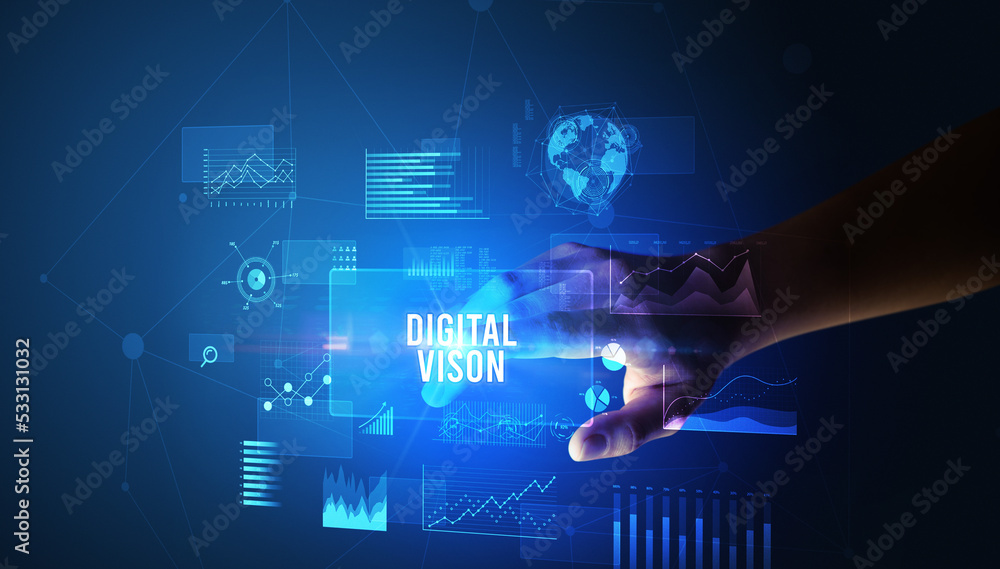 Fototapeta premium hand touching digital button, modern technology concept