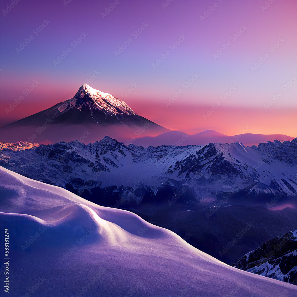 Mountain peaks in winter. Snow covered mountains landscape