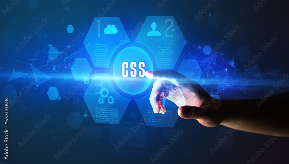 Hand touching digital button concept Hand touching digital button concept