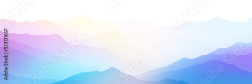 Sunrise in the mountains, mountain ranges in the morning haze, panoramic view, vector illustration