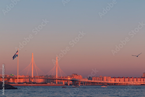 A cable-stayed bridge above the neva bay against a Saint Petersburg cityscape and the sky at summer sunset © Anastasiia Soina