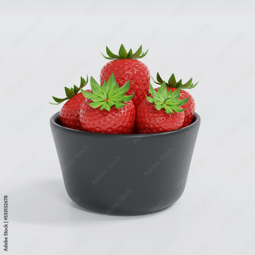 3D rendering strawberries with strawberry leaf in black bowl on white background. 3D rendering strawberries with strawberry leaf in black bowl on white background.