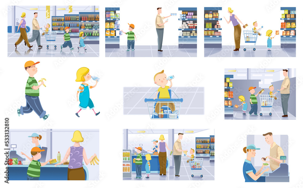 Illustration family shopping in supermarket.Set on consumerism and food.