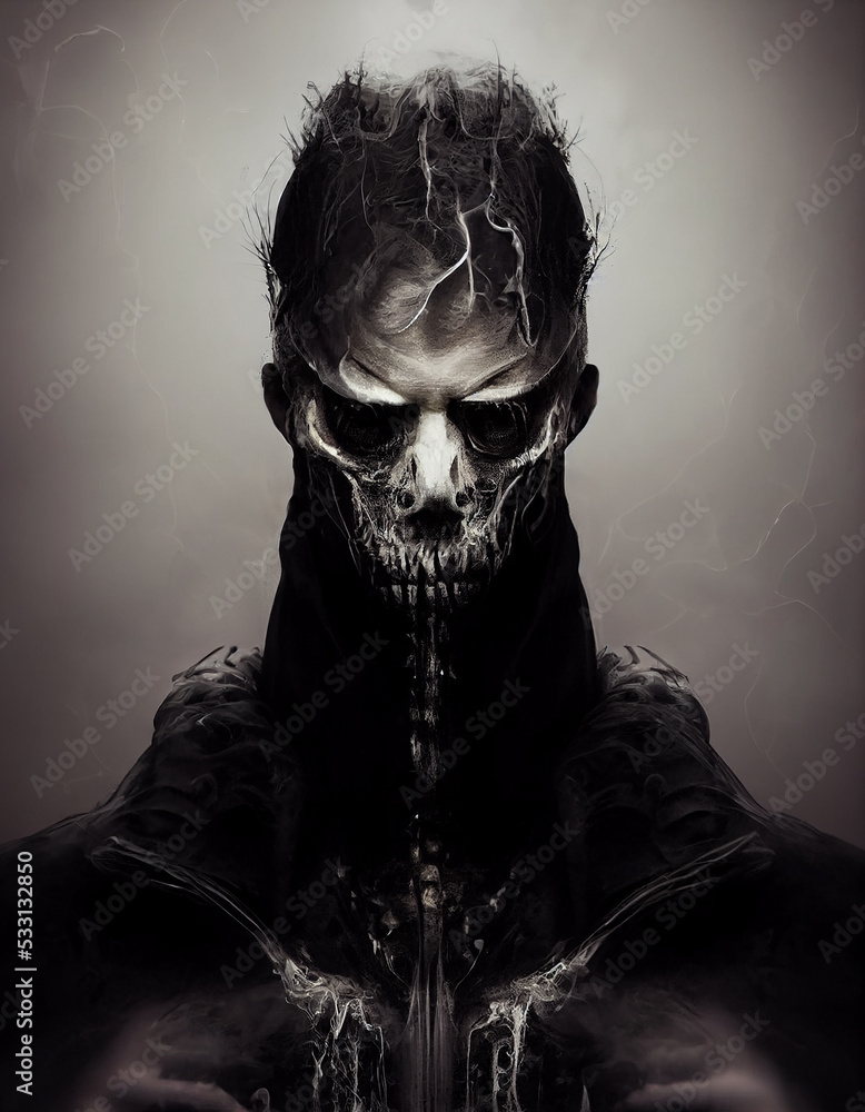 Ominous Hell Demon with Scary Face and Empty Black Eyes 3D Art Conceptual  Illustration. Terrible Monster of Darkness Black and White Vertical  Portrait. Sinister Spirit Horror Movie Character Art Work Stock  Illustration |