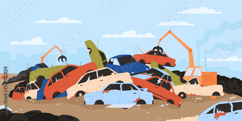 Dump junkyard with metal parts of cars for recycling vector illustration. Cartoon steel crane dismantling piles of broken vehicles, stack of abandoned auto trash in scrapyard to recycle background
