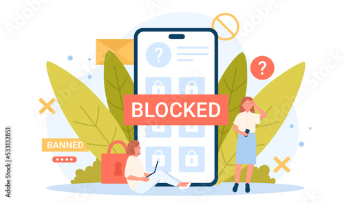 Network restriction, information block and censorship vector illustration. Cartoon tiny sad adult users banned from social media or news website, blocked account and padlock on phone screen