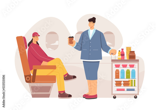 Hospitality service in airplane vector illustration. Cartoon stewardess holding coffee and handle of trolley, woman serving food and drink to passenger, man sitting in comfortable seat by window