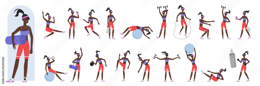 Cartoon active woman doing healthy aerobic exercises or pilates in gym, stretch training. African american black female active sport trainer poses set in front, side and back view vector illustration.