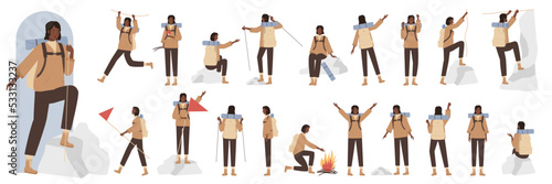 Cartoon female camper with backpack climbing, girl hiking and standing with flag in front, side and back view. African american black Woman tourist character in different poses set vector illustration